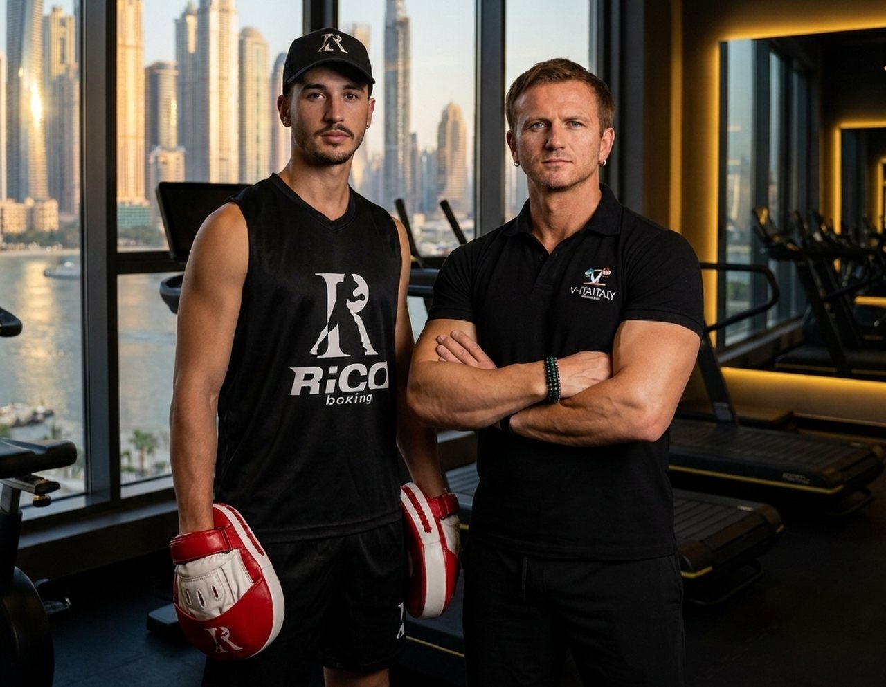 Riccardo Rizzi and Luca Sossai, the two coaches of the 360 Performance program, in a private gym overlooking Dubai Marina