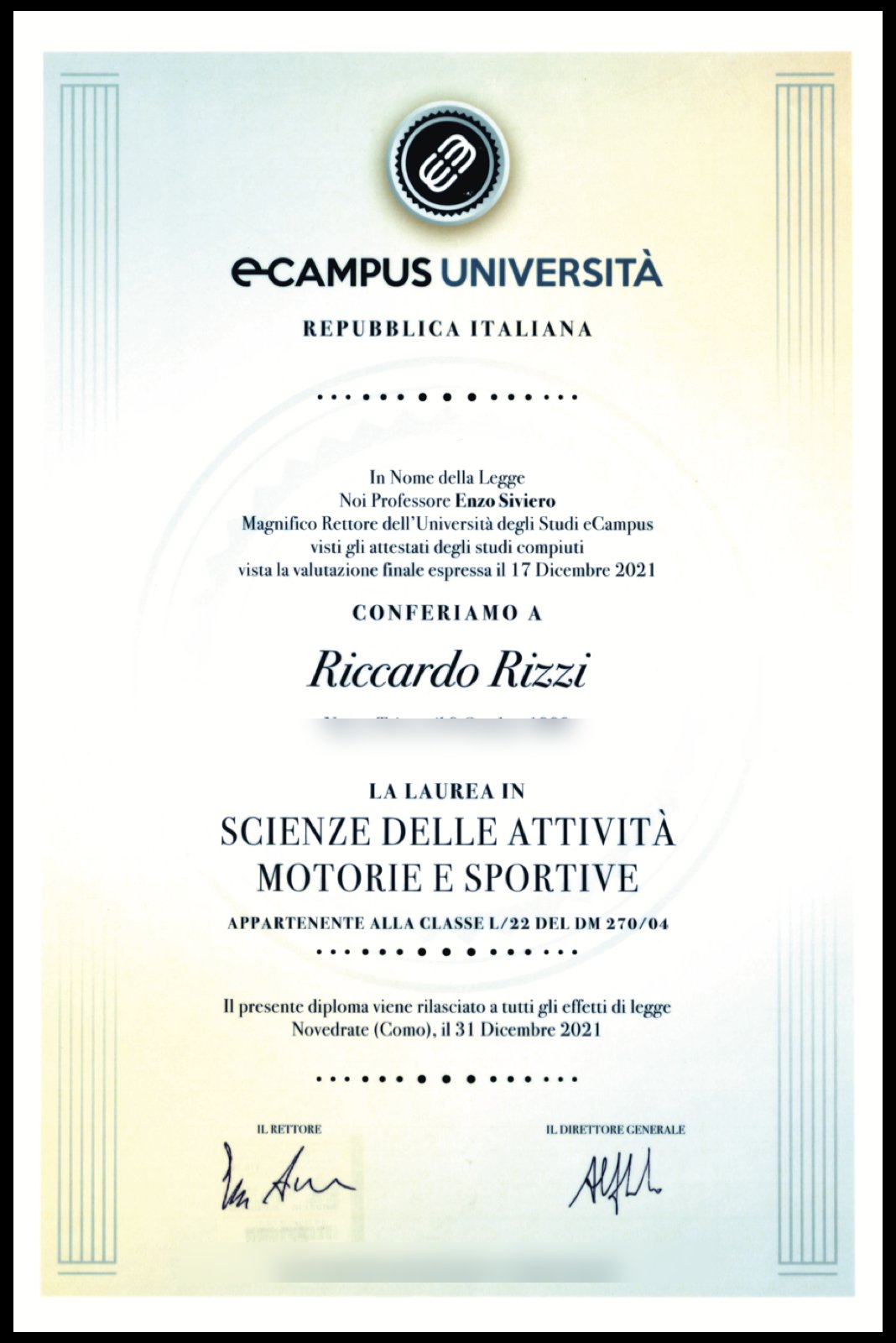 Sport and Exercise Science degree certificate of Riccardo Rizzi, eCampus University